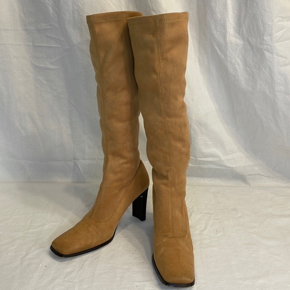 Tan Nude Brown Suede Stretch Calf Pull On Heel Boot Fall Tall Size 9
